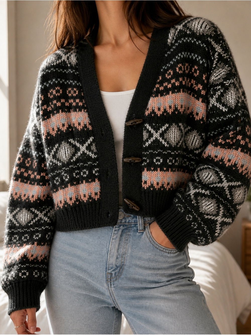 Rewind Fair Isle Knit Cardigan Cozy Cropped Oversized Boho Sweater L